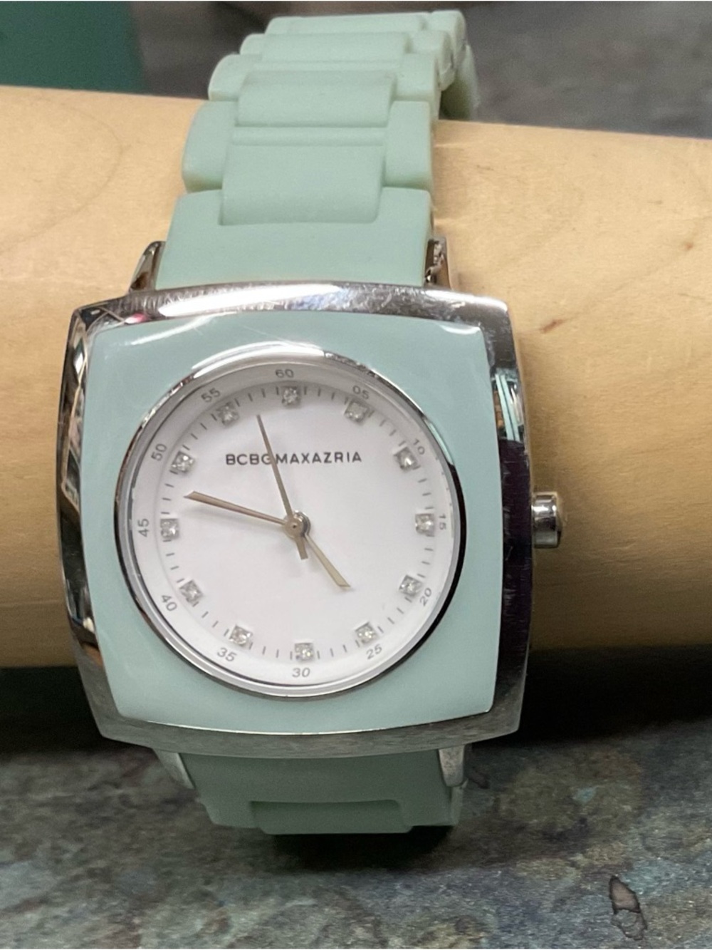 BCBGMAXAZRIA Mint Green Silicone Strap Watch with Silver Accents